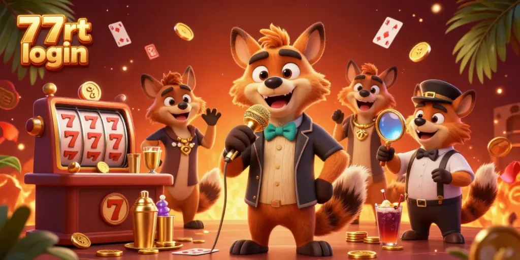 Experience the lively atmosphere of 77rt login with hyena characters in a casino setting, showcasing fun gaming elements.