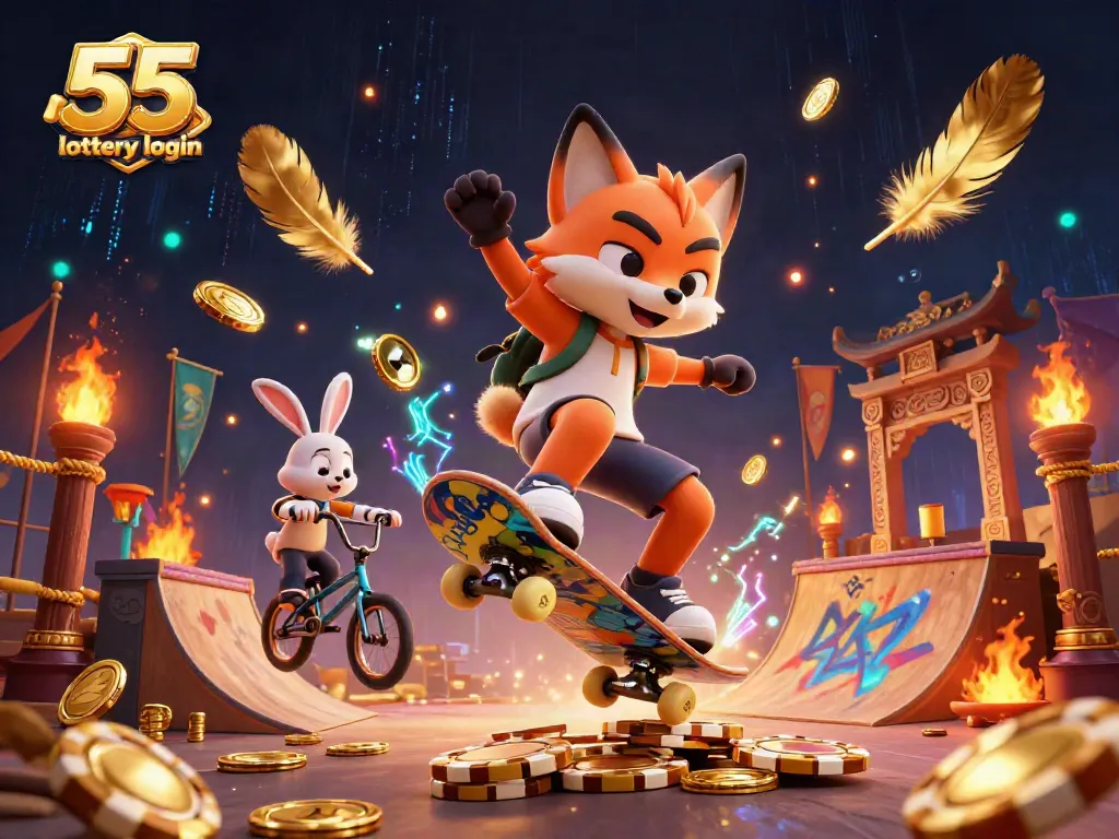Experience the thrill of the 55 lottery login with lively characters soaring over golden poker chips in this vibrant casino scene.