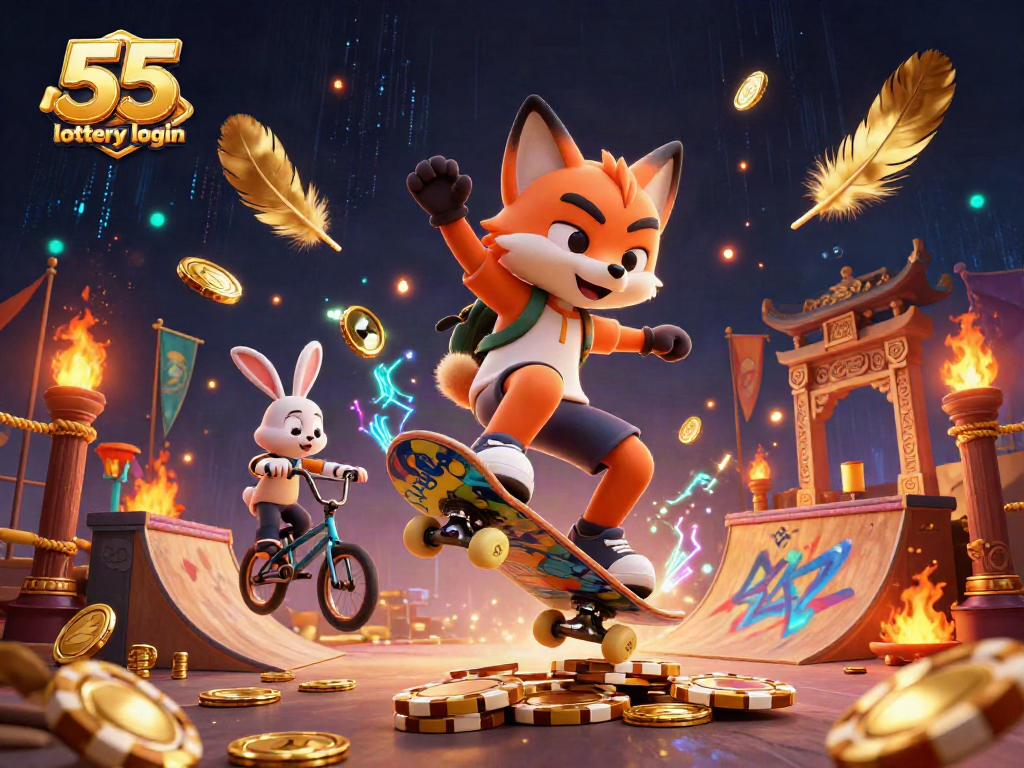 Experience the thrill of the 55 lottery login with lively characters soaring over golden poker chips in this vibrant casino scene.