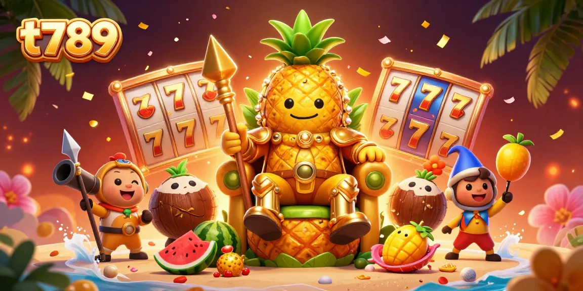 Experience the excitement of t789 as a golden pineapple king commands a vibrant casino scene filled with fun elements.