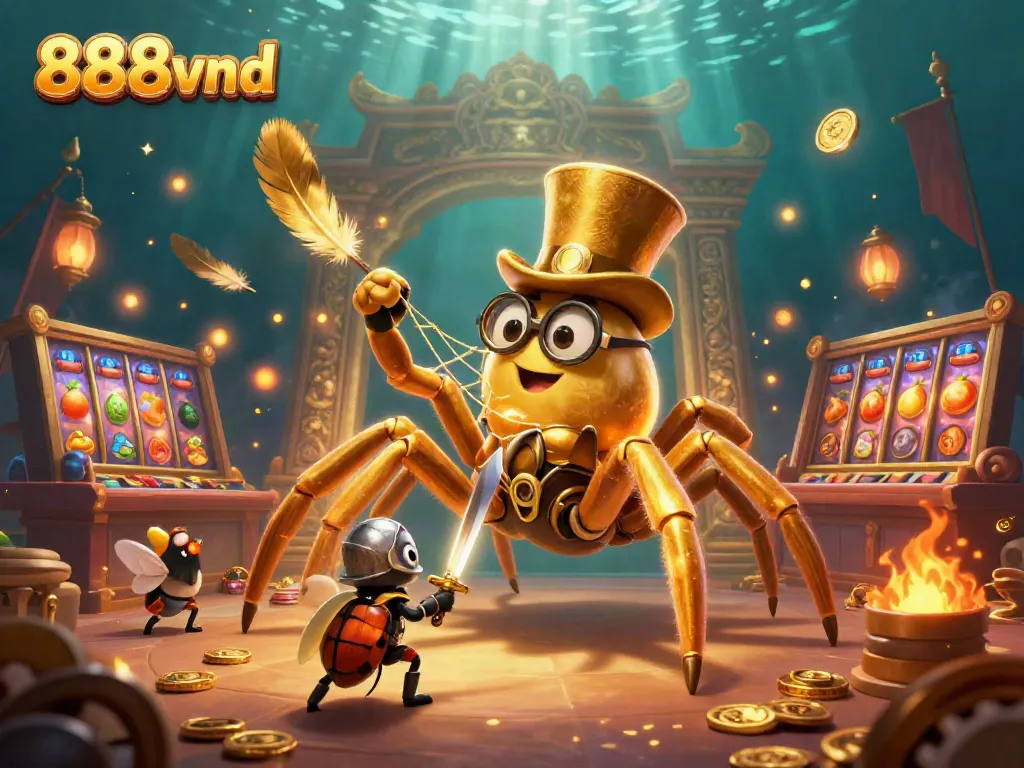 Experience excitement at 888vnd with a dynamic scene featuring colorful slot game elements and a captivating tarantula character.