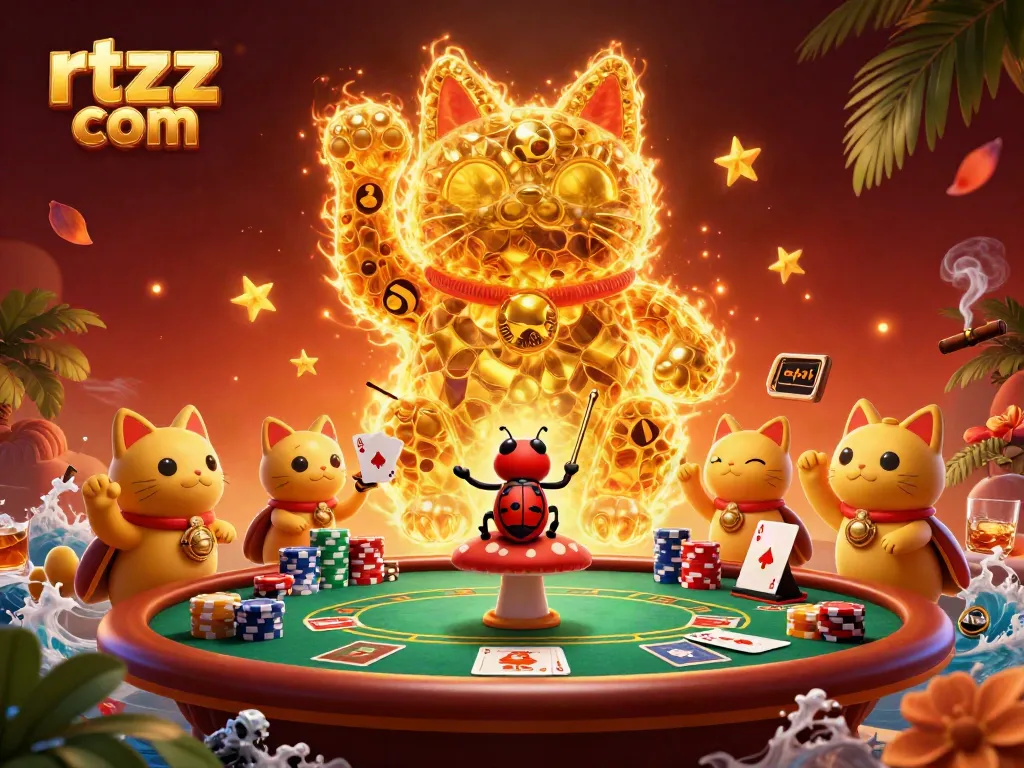 Experience the magic of rtzz com with a giant lucky cat made from fireflies in an exciting casino scene.
