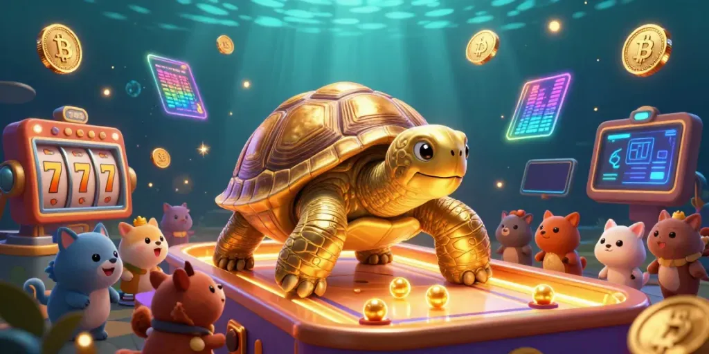 Engage with t789's thrilling gaming experience with a detailed illustration showcasing vibrant slot machines and a colossal tortoise.