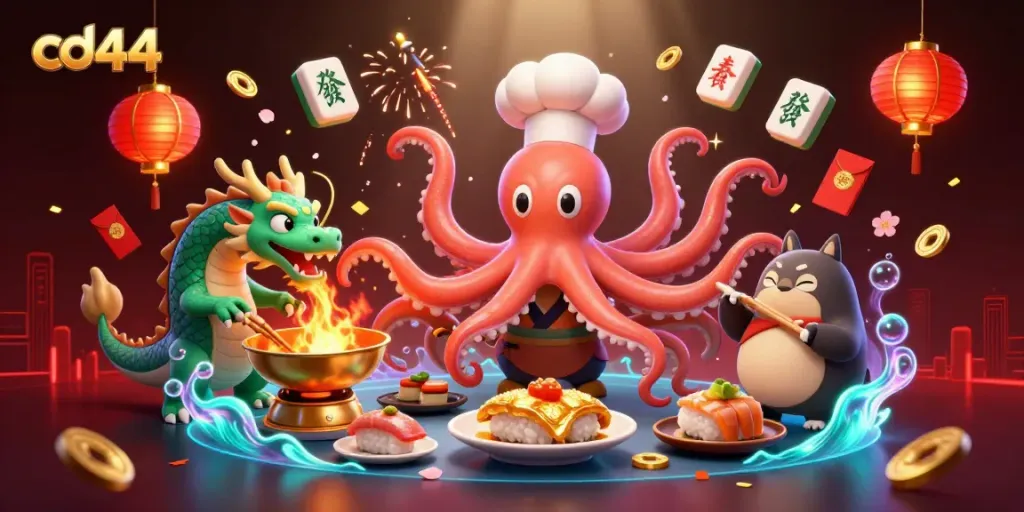Engage with cd44 in an immersive 3D casino scene featuring a sushi chef octopus and dragon.