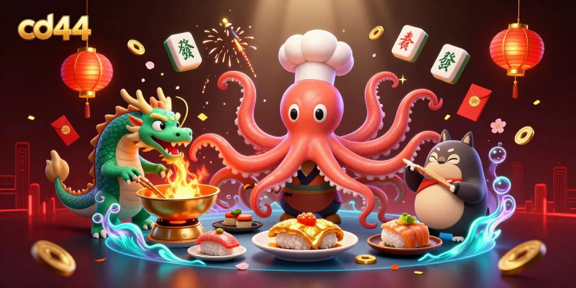 Engage with cd44 in an immersive 3D casino scene featuring a sushi chef octopus and dragon.