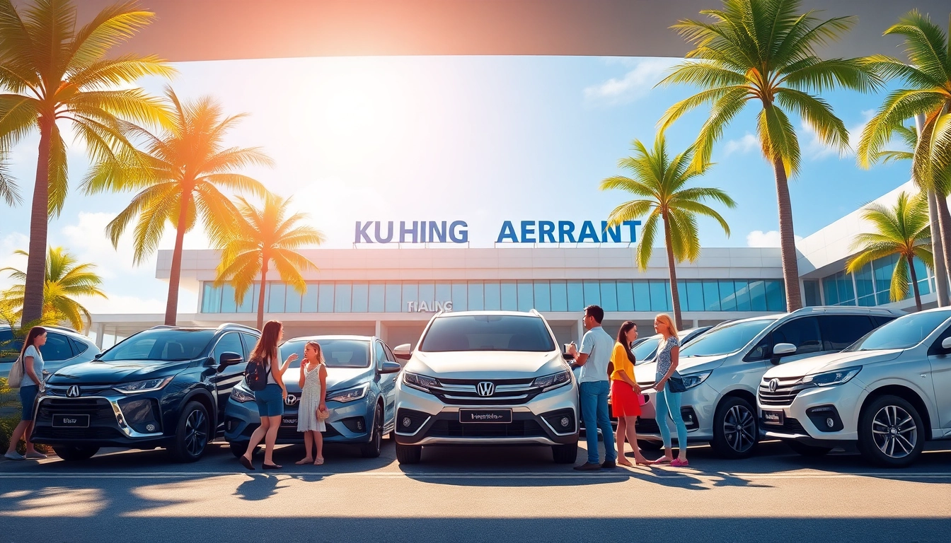 Seamlessly integrating kuching rent car options near airport with happy travelers and diverse vehicles.
