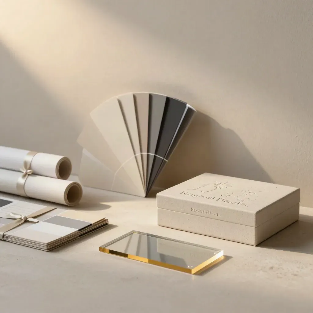Luxury brand toolkit on pale stone in moody post-rain light, with calm space to the right.