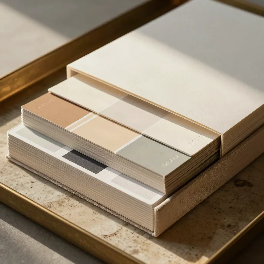 Layered brand identity materials in a travertine studio proofing setup.