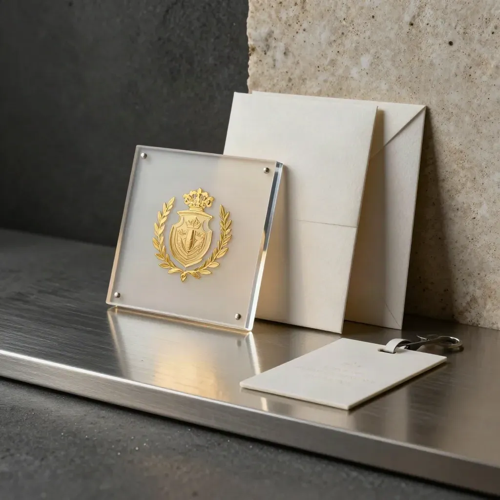 Foil-stamped logo identity pieces on a brushed pewter slab in dramatic studio light.