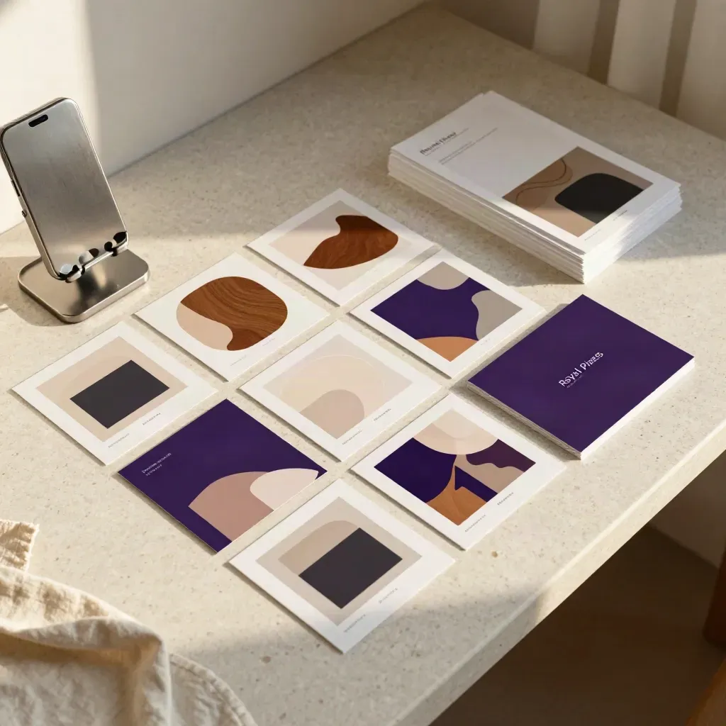 Top-down social media graphic mockups, phone stand, and format proofs on travertine.