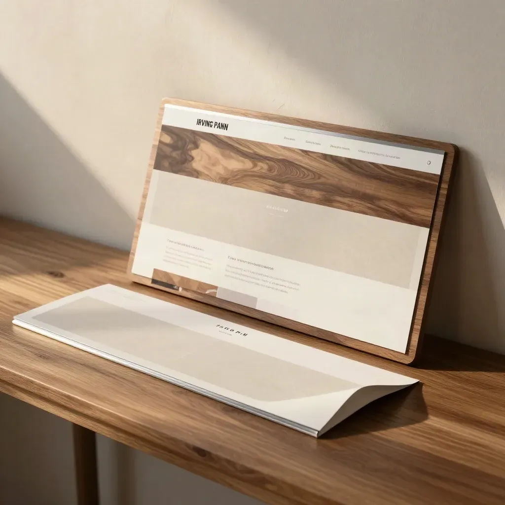 Website banner proofs and a mockup board on walnut, lit by soft side light.