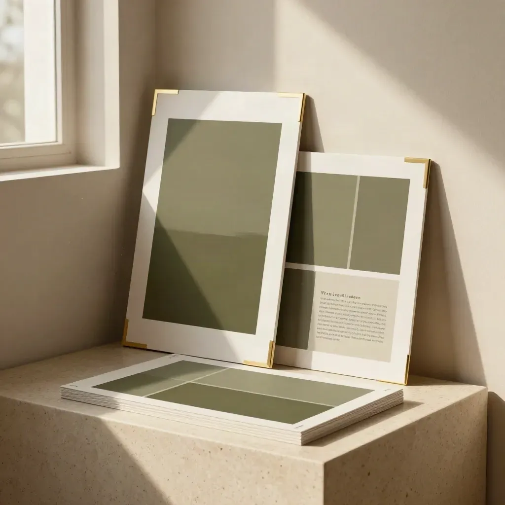 Layered ad creative proof boards on a travertine plinth in warm studio light
