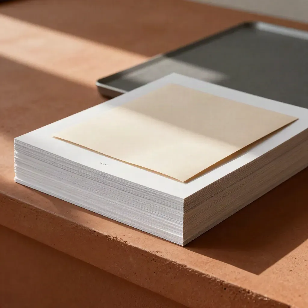 Print-ready poster proofs and export sleeve stacked on terracotta stone under raking daylight