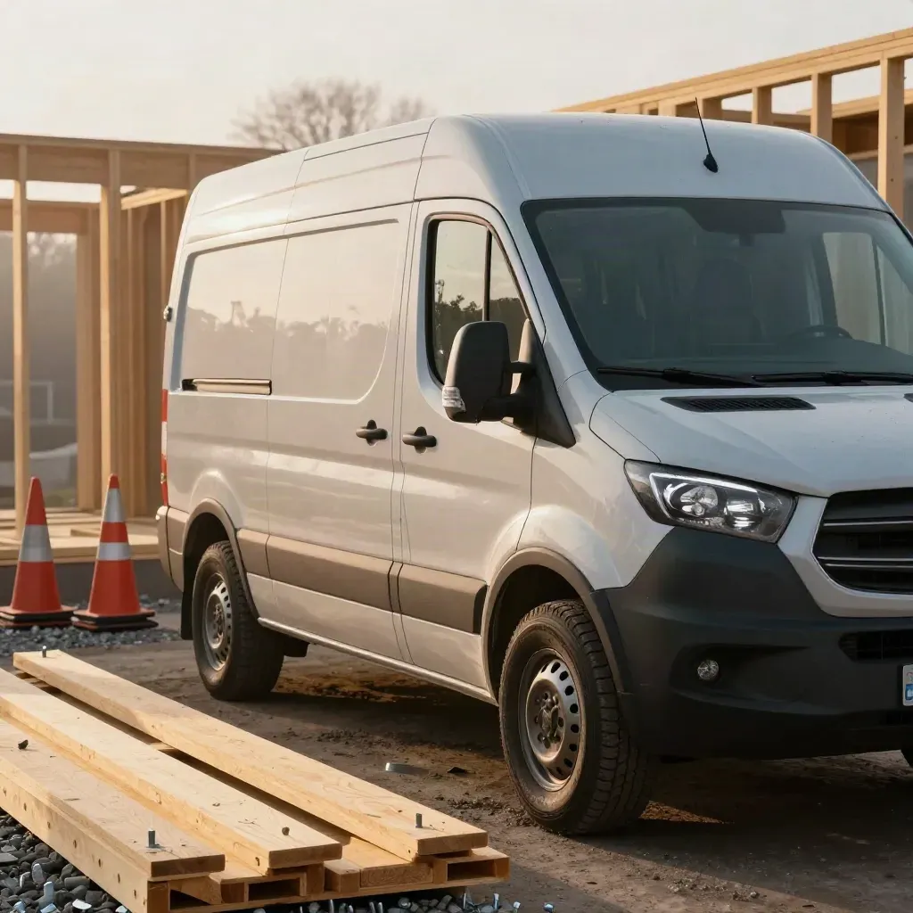 Wrapped work van beside site hoarding and safety cones in mist outside a timber-frame build.