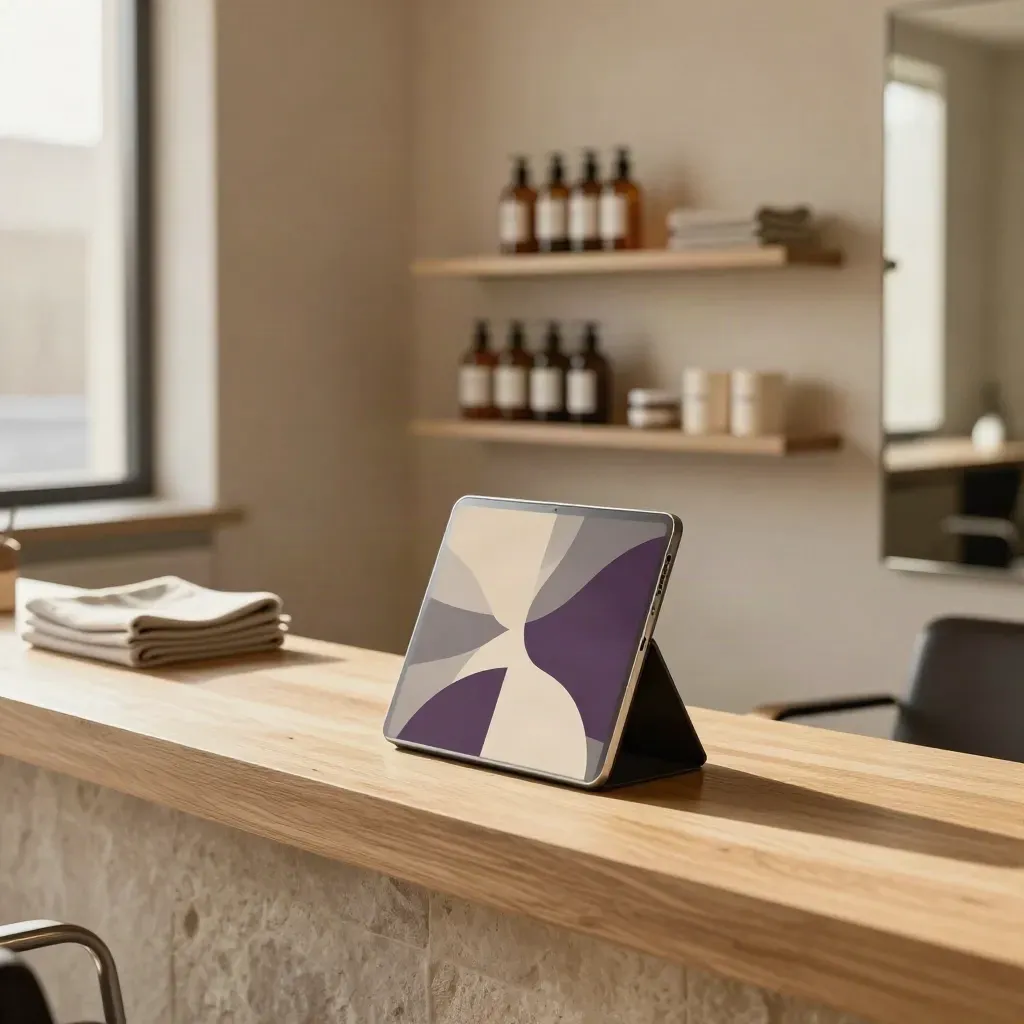 Salon reception with social post tiles on a tablet stand beside product shelves and mirror frames.