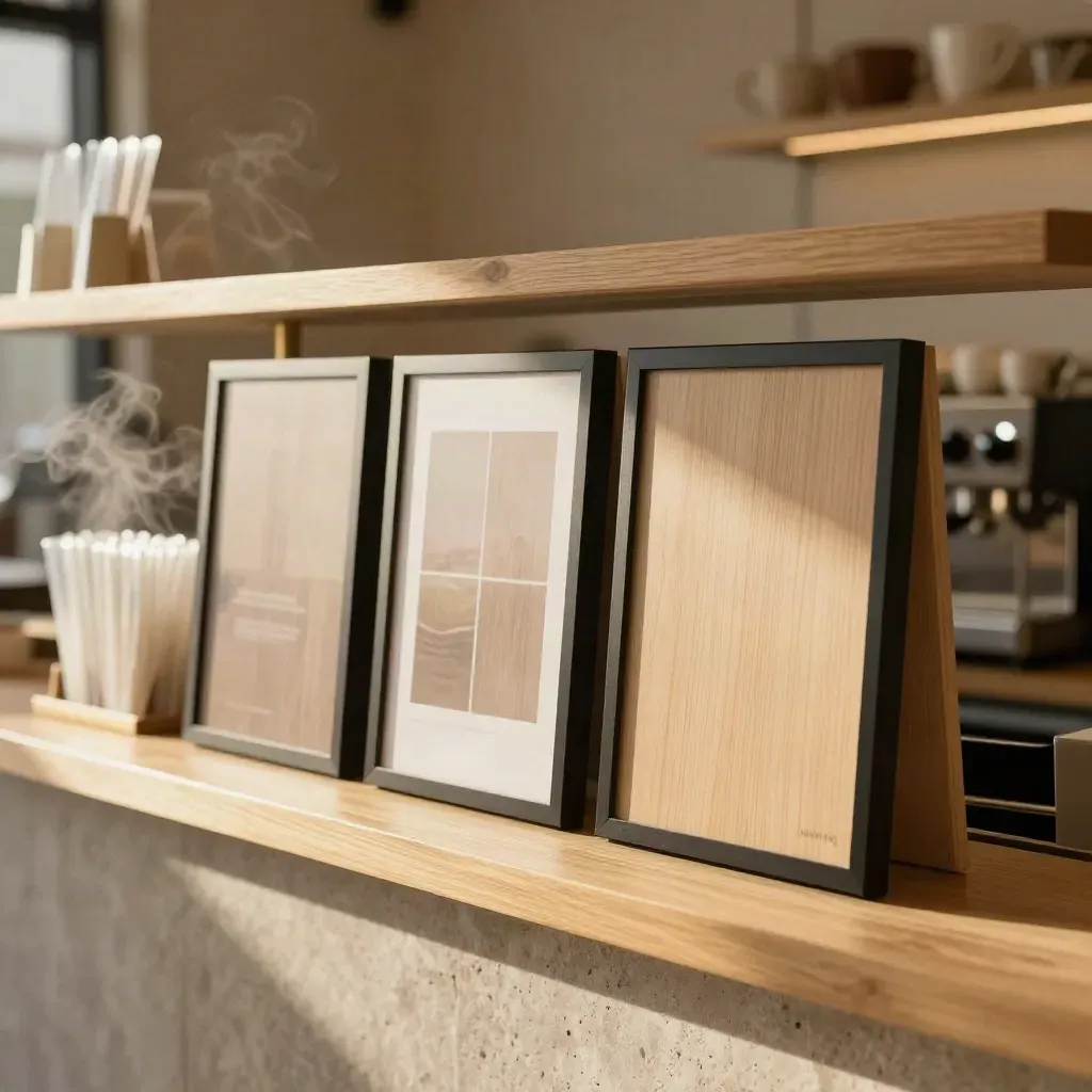 Coffee bar wall with fitted print panels, poster frames and proof sleeves in warm daylight.