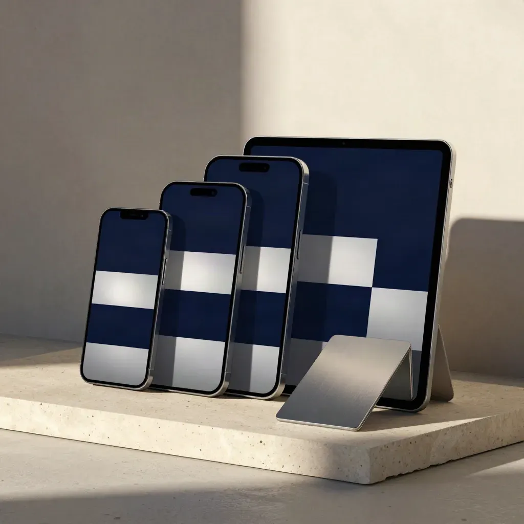 Three staggered mockup devices with variant boards on a stone plinth in a design studio.