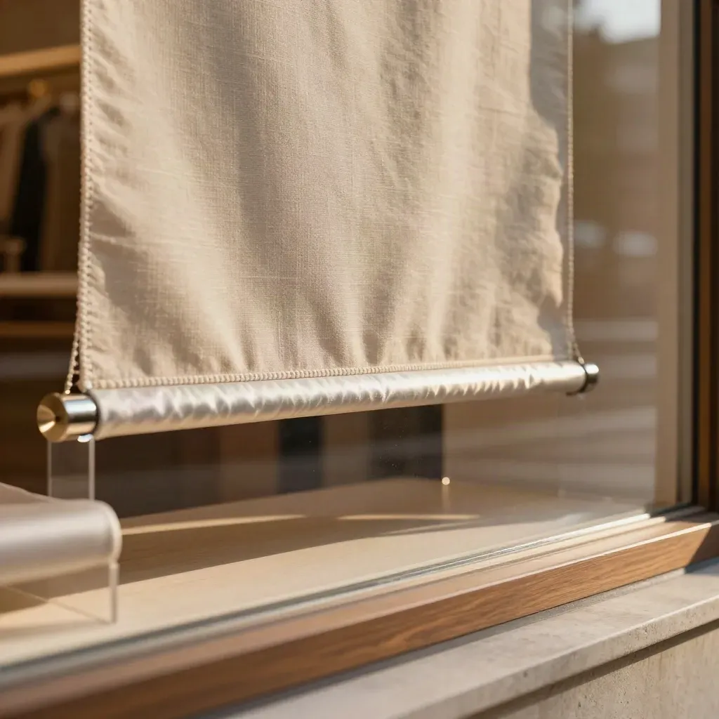 Close macro of silver-accented boutique banners, plinths, and folded display panels in window haze.