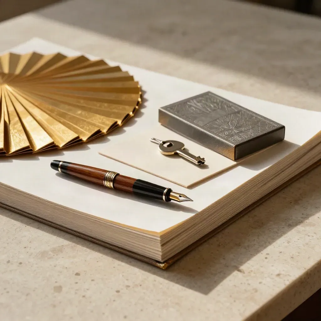 Gold swatch fan, sample box, fountain pen and presentation sleeves on travertine stone.