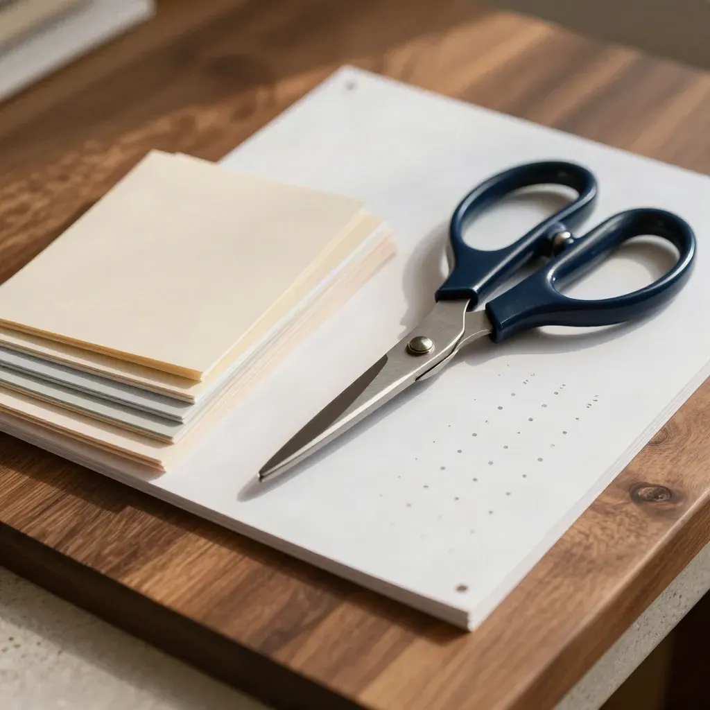 Top-down macro of colour chips, precision scissors, adhesive dots and a layout board on warm walnut.