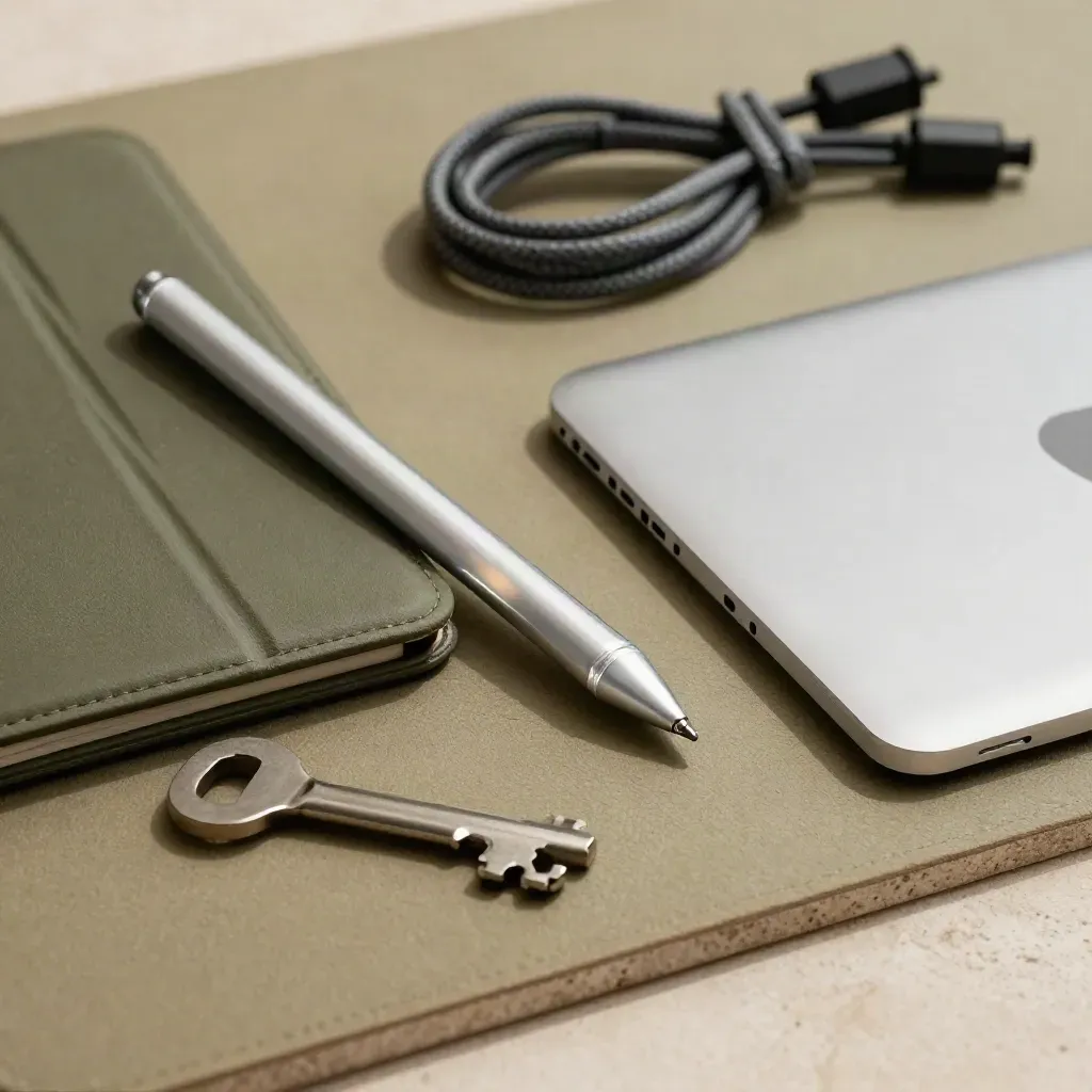 Glass stylus, tablet sleeve, cable coil and trackpad on a khaki studio work surface.