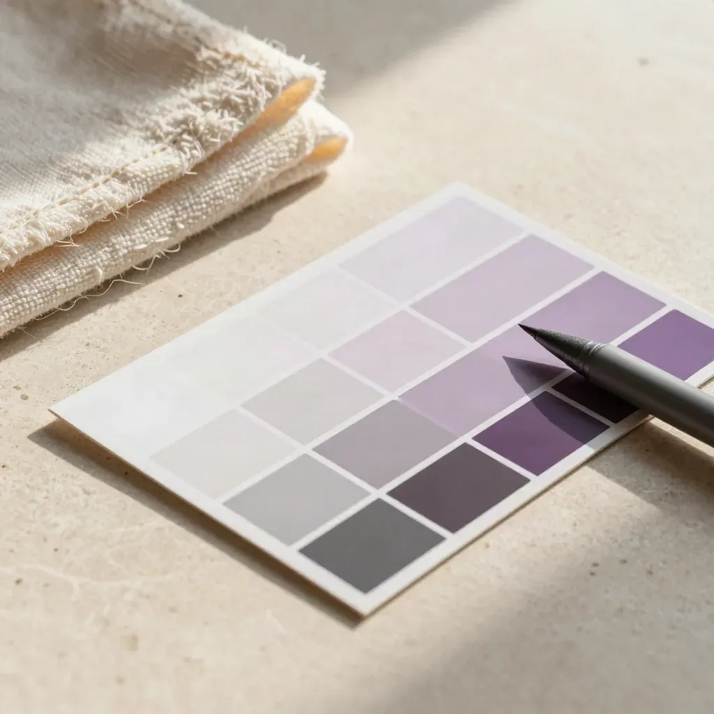Macro still life of a colour checker, microfiber cloth and editing pen on pale stone with violet accent.