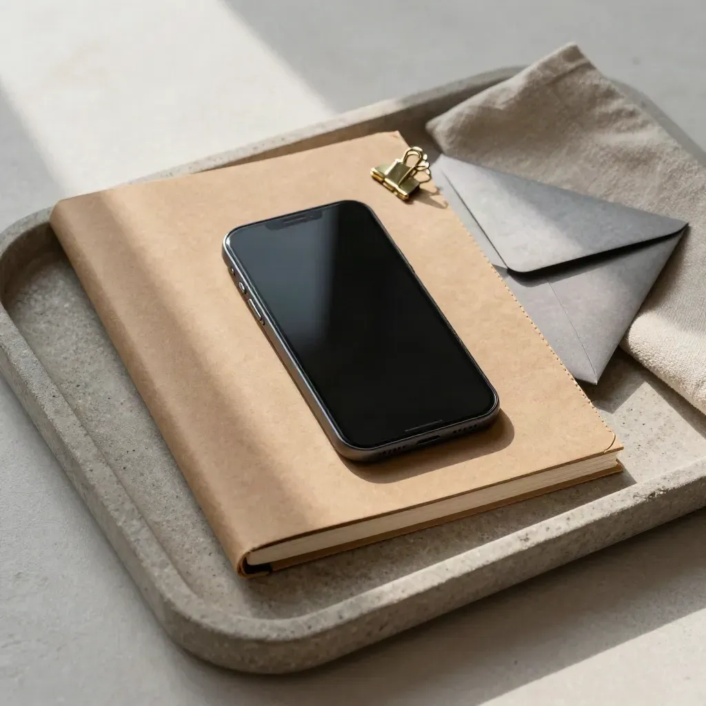 Closed kraft folio, phone, clip and envelope arranged on a stone tray under soft side light.