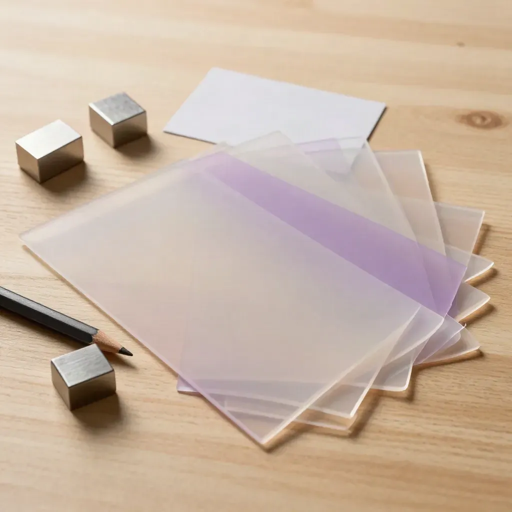 Acetate draft sheets, graphite pencil and alignment blocks on pale oak, softly lit.