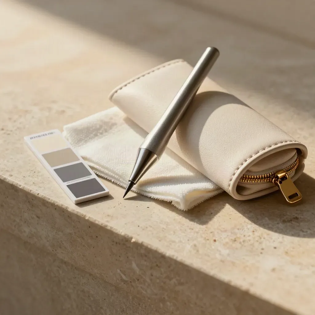 Stylus, microfiber cloth, colour chips and a slim pouch on pale plaster in soft side light