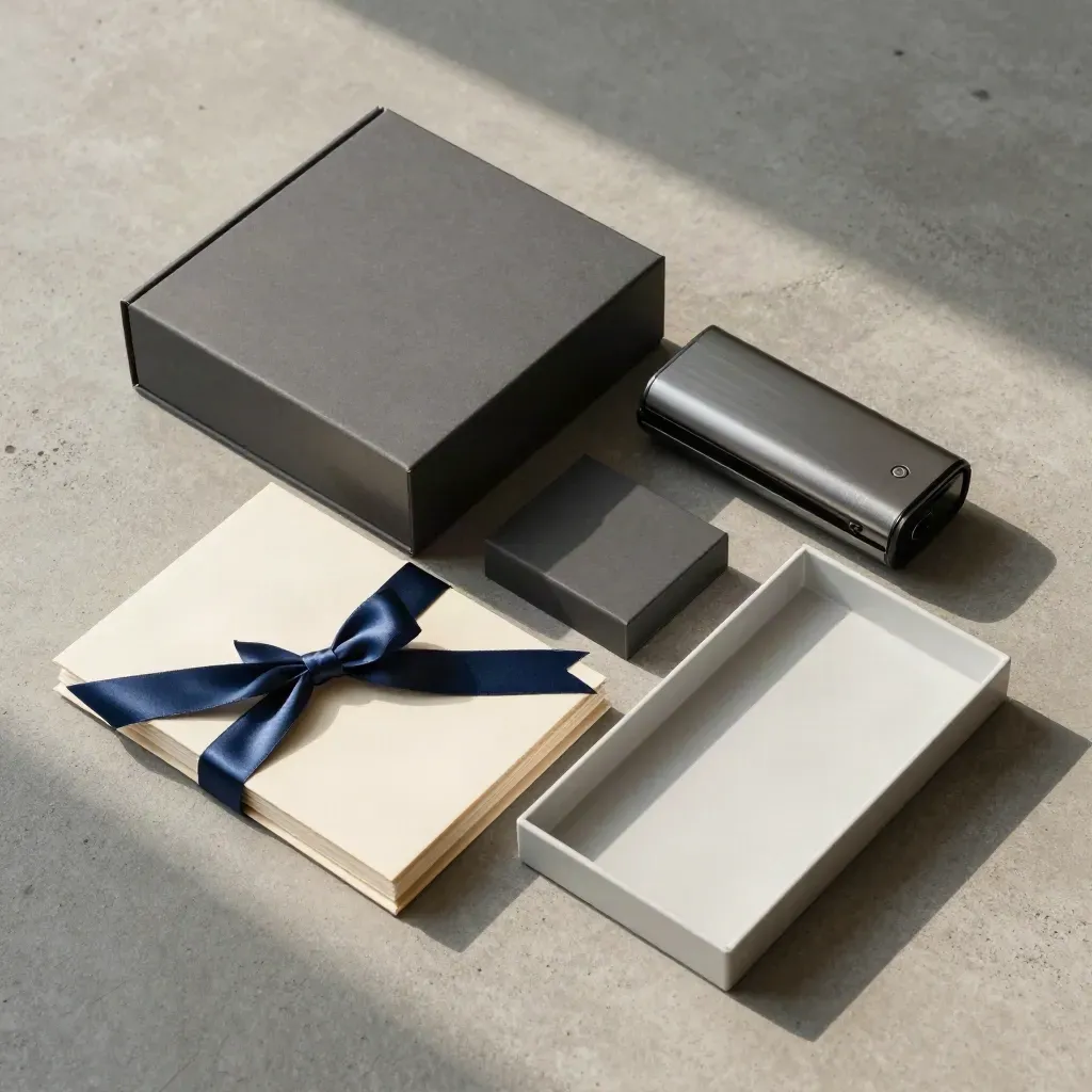 Top-down hand-over pack with box, transfer drive, ribbon sleeves and insert tray on concrete.