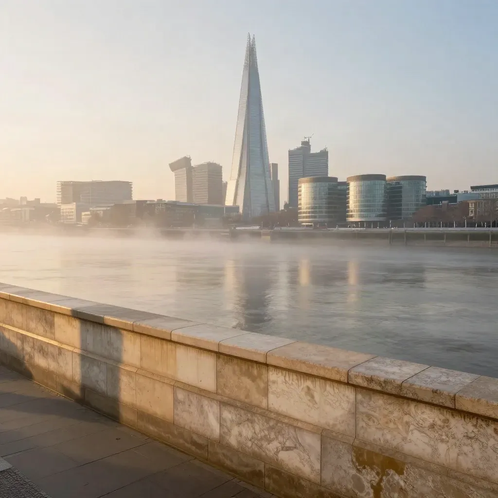 London skyline with the Shard rising through dawn mist over the Thames