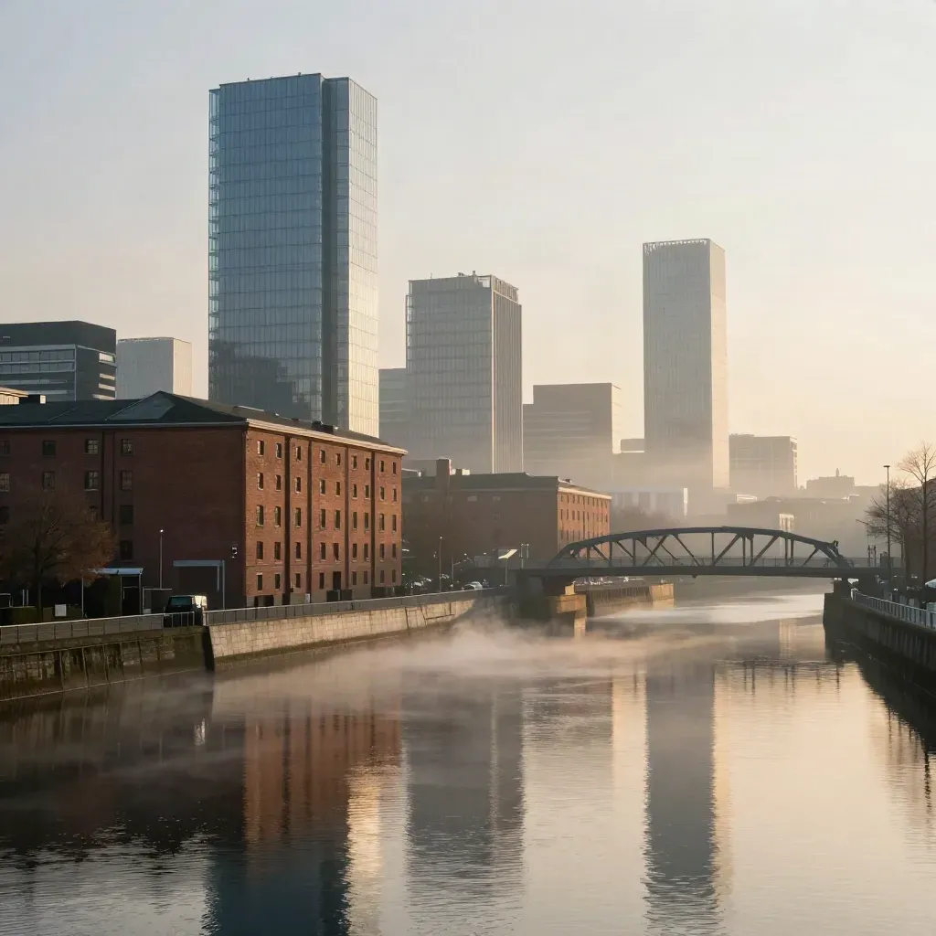 Birmingham skyline glowing above calm canal water in soft gold haze