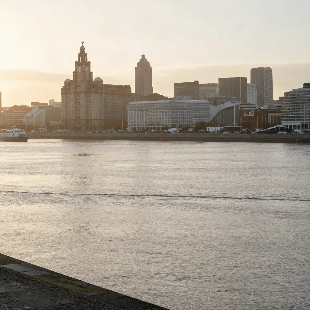 Hazy Liverpool waterfront and the Mersey with skyline high and calm water below.