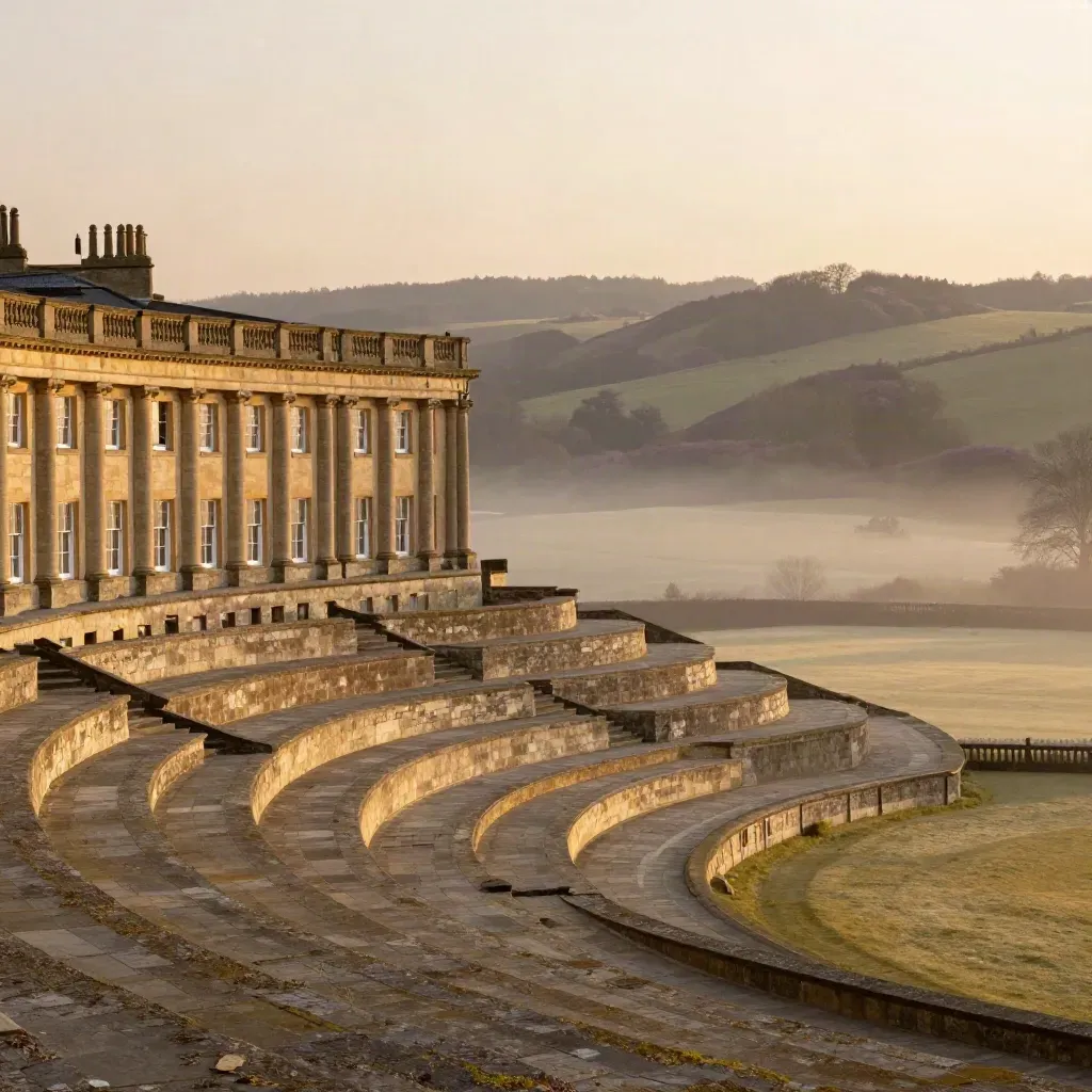 Bath stone terraces above hazy valleys at golden dusk with soft hills and open misty foreground