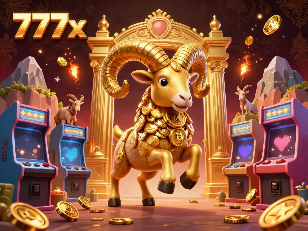 Experience thrilling wins at 777x as a golden ram charges towards a jackpot in this vibrant casino scene.