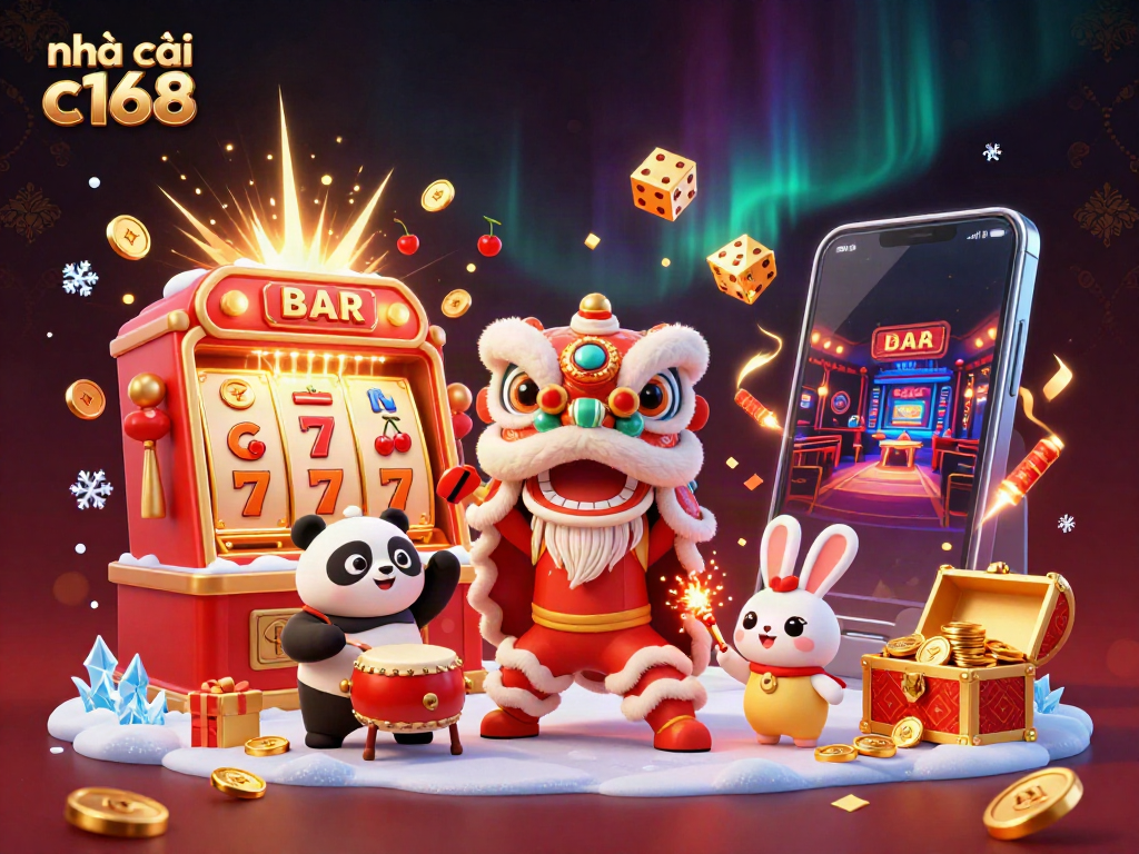 Experience excitement with nhà cái c168 in this vibrant 3D casino scene featuring a lion dance and jackpot elements.