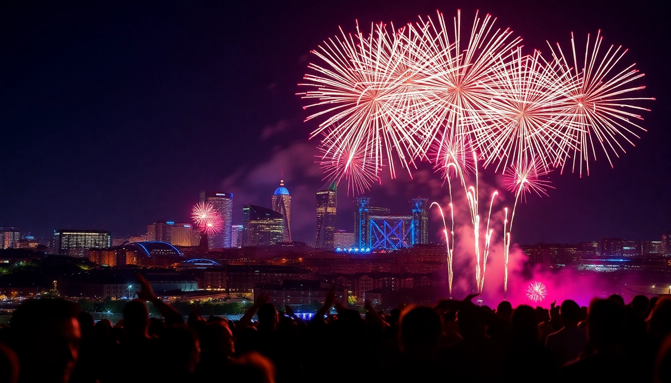 Captivating manchester fireworks illuminate the night sky over the city skyline.