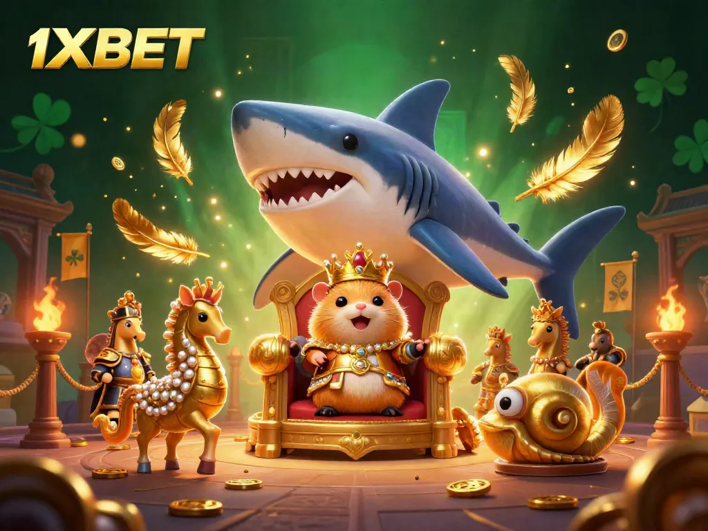 Win big with 1XBET as the golden hamster king engages in thrilling gaming battles, surrounded by rich casino elements.
