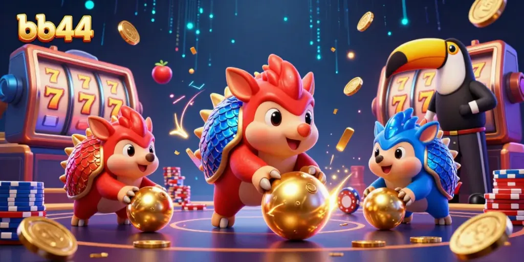 Experience thrilling play at bb44 with cartoon pangolins battling through golden slots and poker chips.