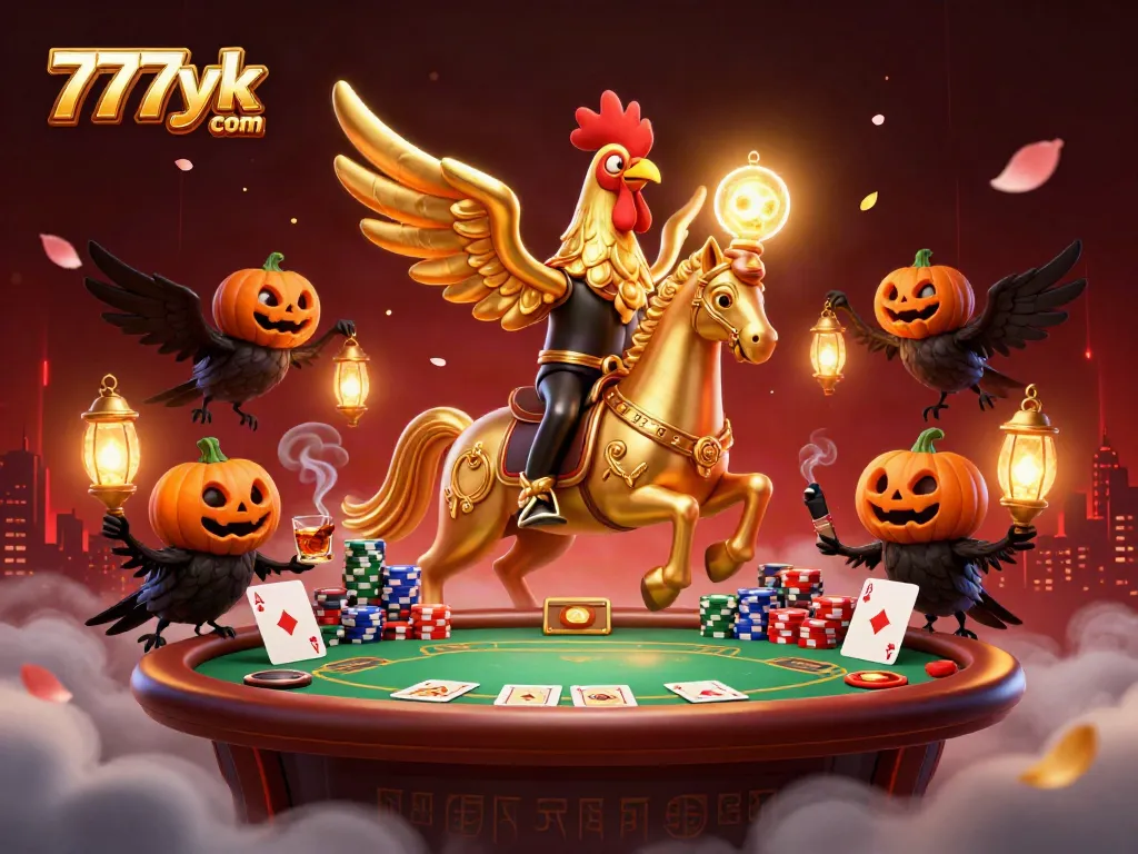 Immerse in the thrilling midnight casino scene with 777yk com, featuring golden rooster characters and vibrant poker setup.