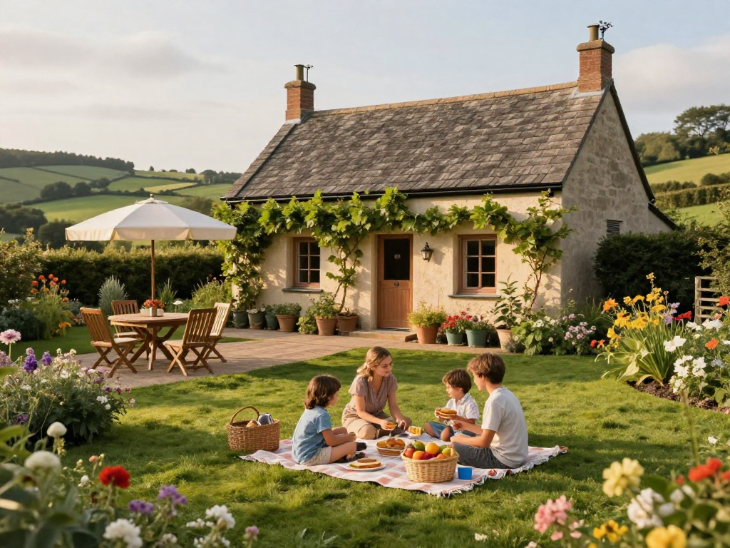 A family enjoying a picnic at a charming cottage showcasing the appeal of a holiday let management company.