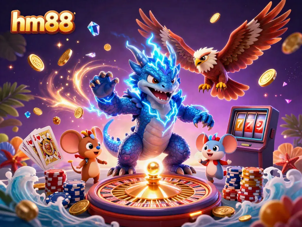 Engage with thrilling casino action at hm88 featuring dynamic dragon, hawk, and mouse amidst a vibrant gambling scene.