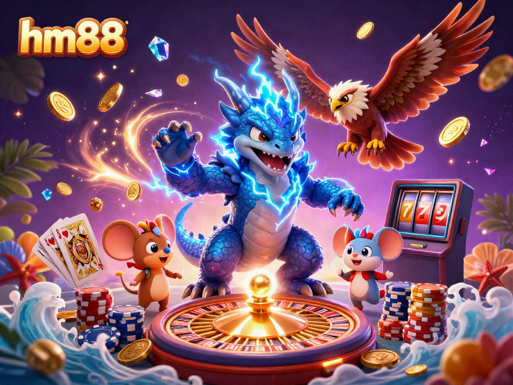 Engage with thrilling casino action at hm88 featuring dynamic dragon, hawk, and mouse amidst a vibrant gambling scene.