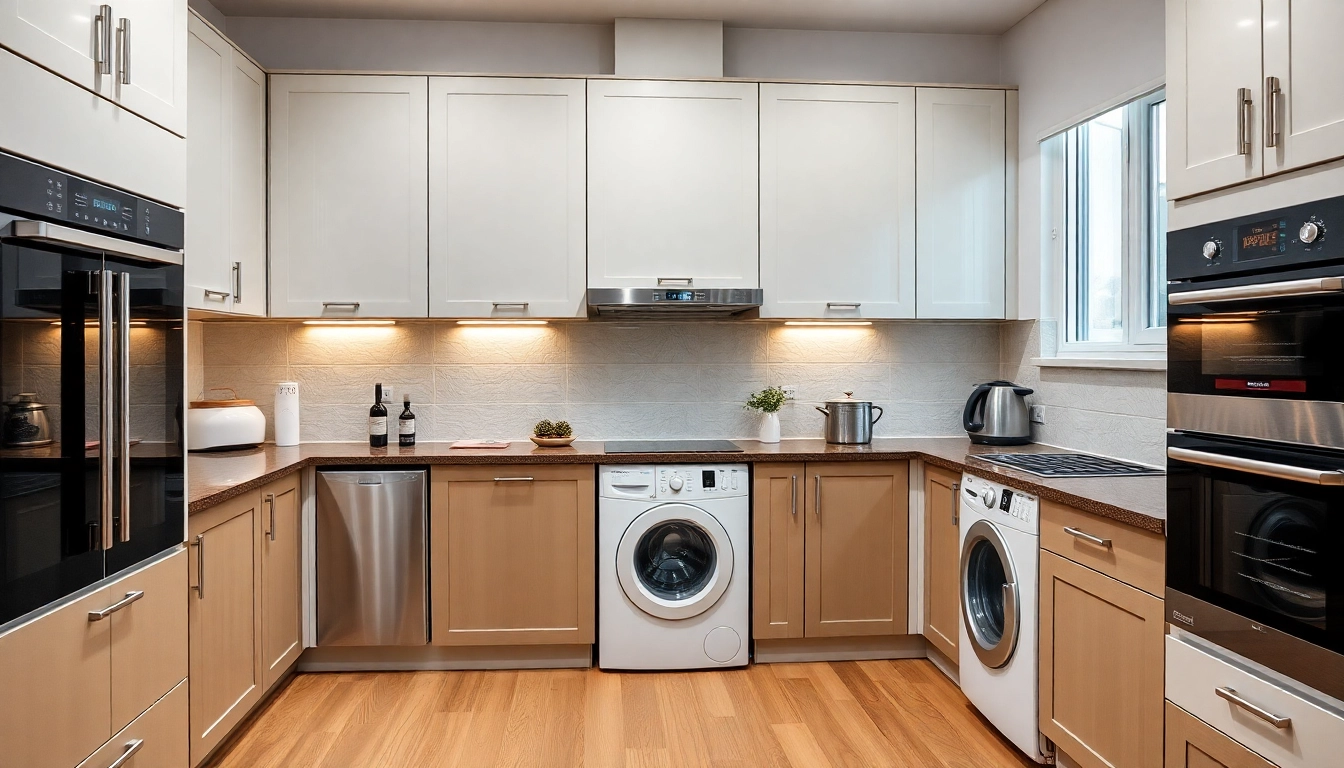 Explore бяла техника options featuring stylish dishwashers and modern washing machines in an inviting kitchen setting.