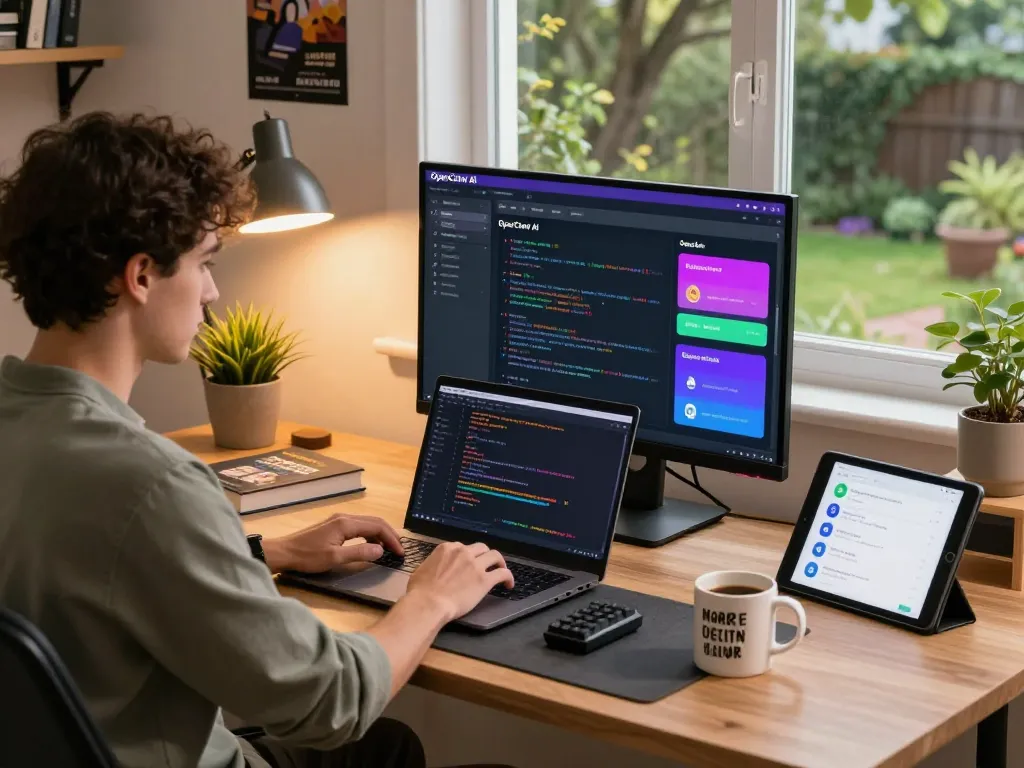Developer using Open Claw AI in a cozy workspace with coding tools and natural light