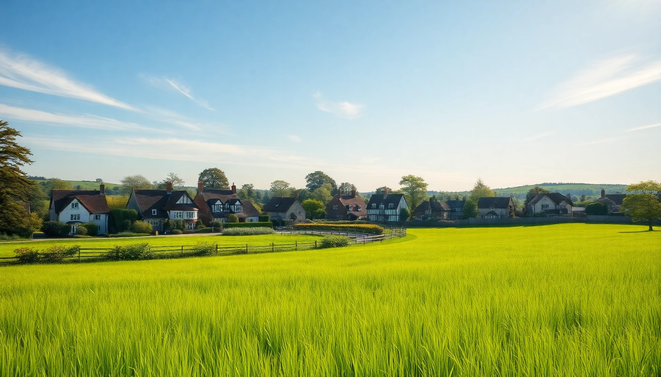 Pyrford village showcasing its charming cottages and lush greenery under bright blue skies.