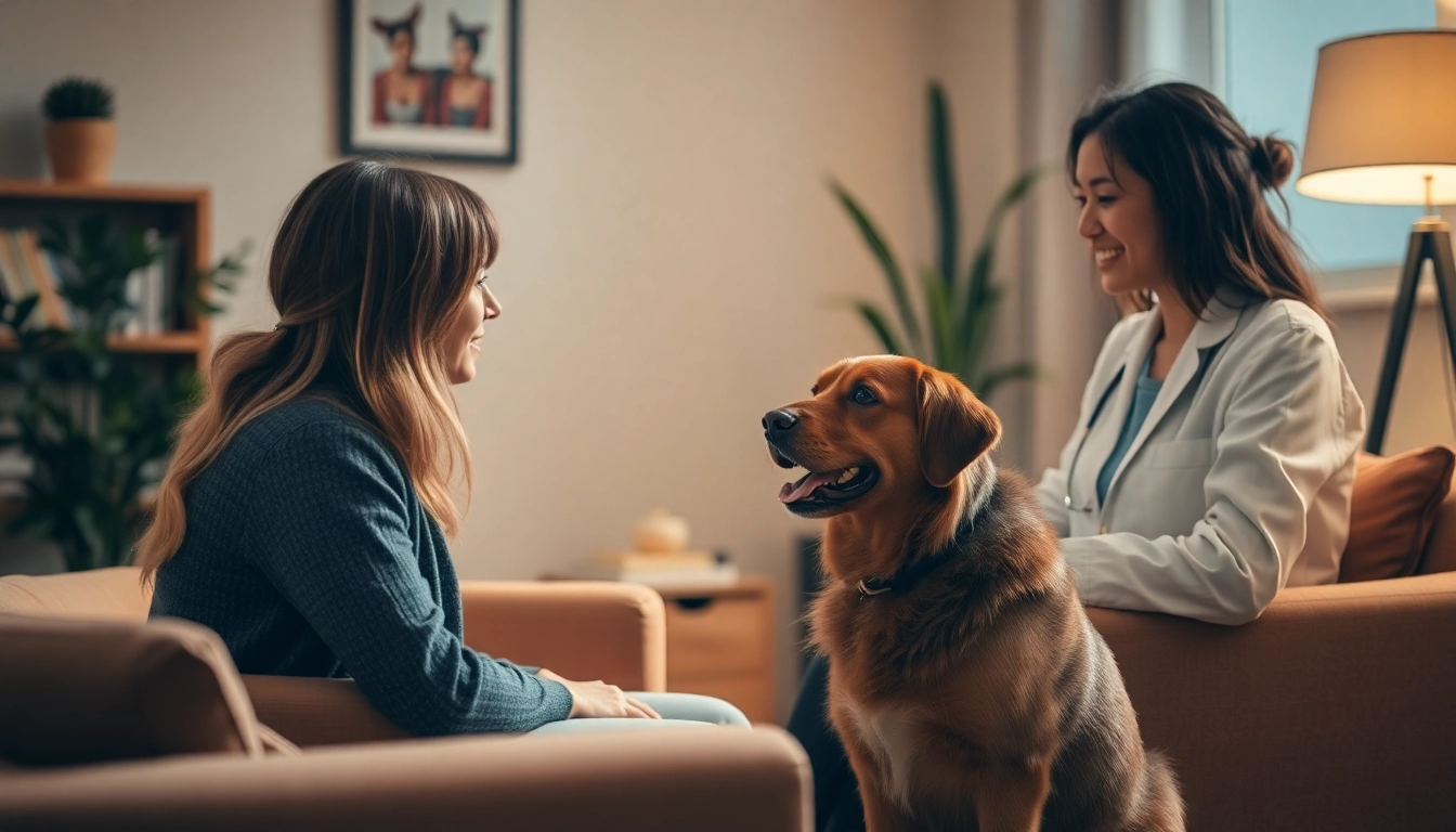 Anxiety treatment Sydney featuring a compassionate psychologist discussing with a client alongside a therapy dog.