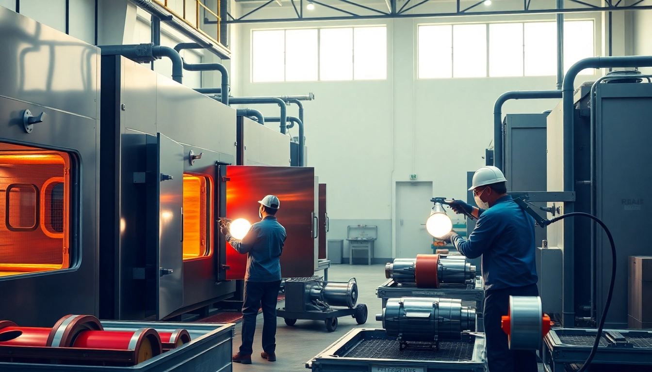 Powder coating Malaysia service showcasing advanced industrial equipment and skilled workers.