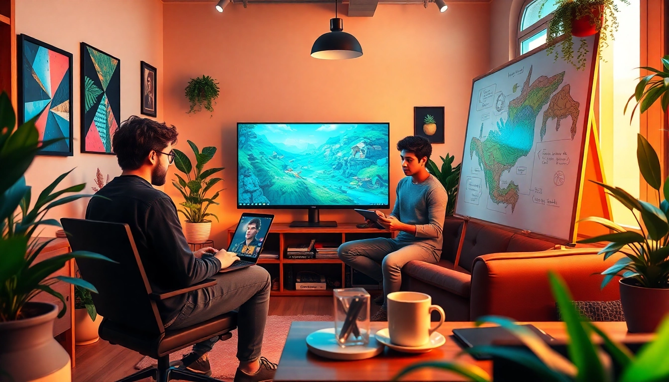 Collaborative game development scene with coders and designers in a vibrant office.