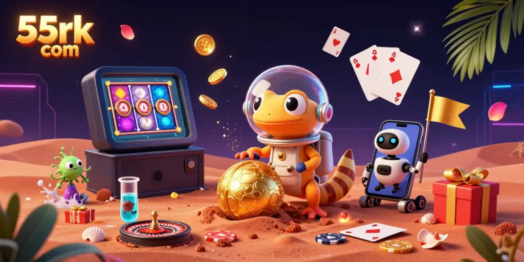 Experience 55rk com with Martian gecko discovering a golden casino amidst dynamic games and festive elements.